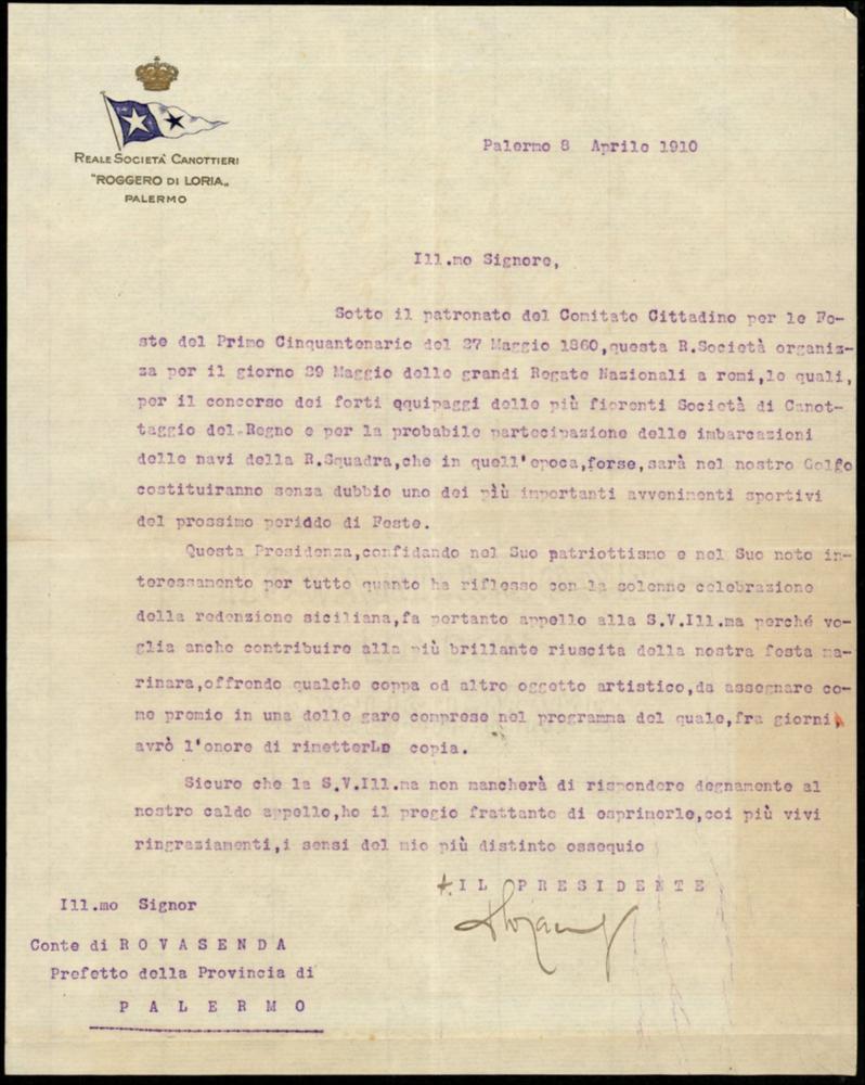 [1910.04.08] Lettera di Ignazio Florio al Prefetto di Palermo sullo svolgimento delle regate nazionali a remi del 29 maggio 1910