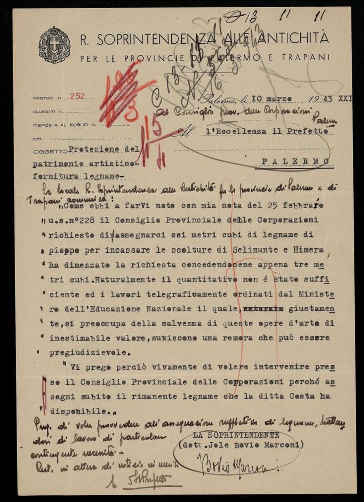 Richiesta dell'archeologa Jole Bovio Marconi per la protezione delle sculture di Selinunte e Himera