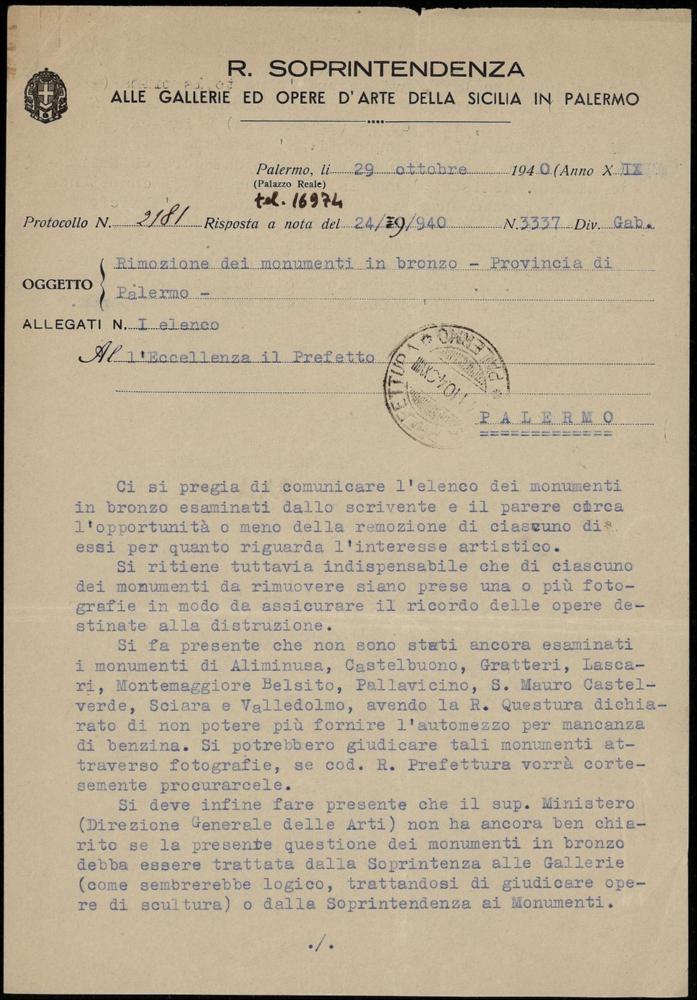 Rimozione dei monumenti in bronzo – Provincia di Palermo