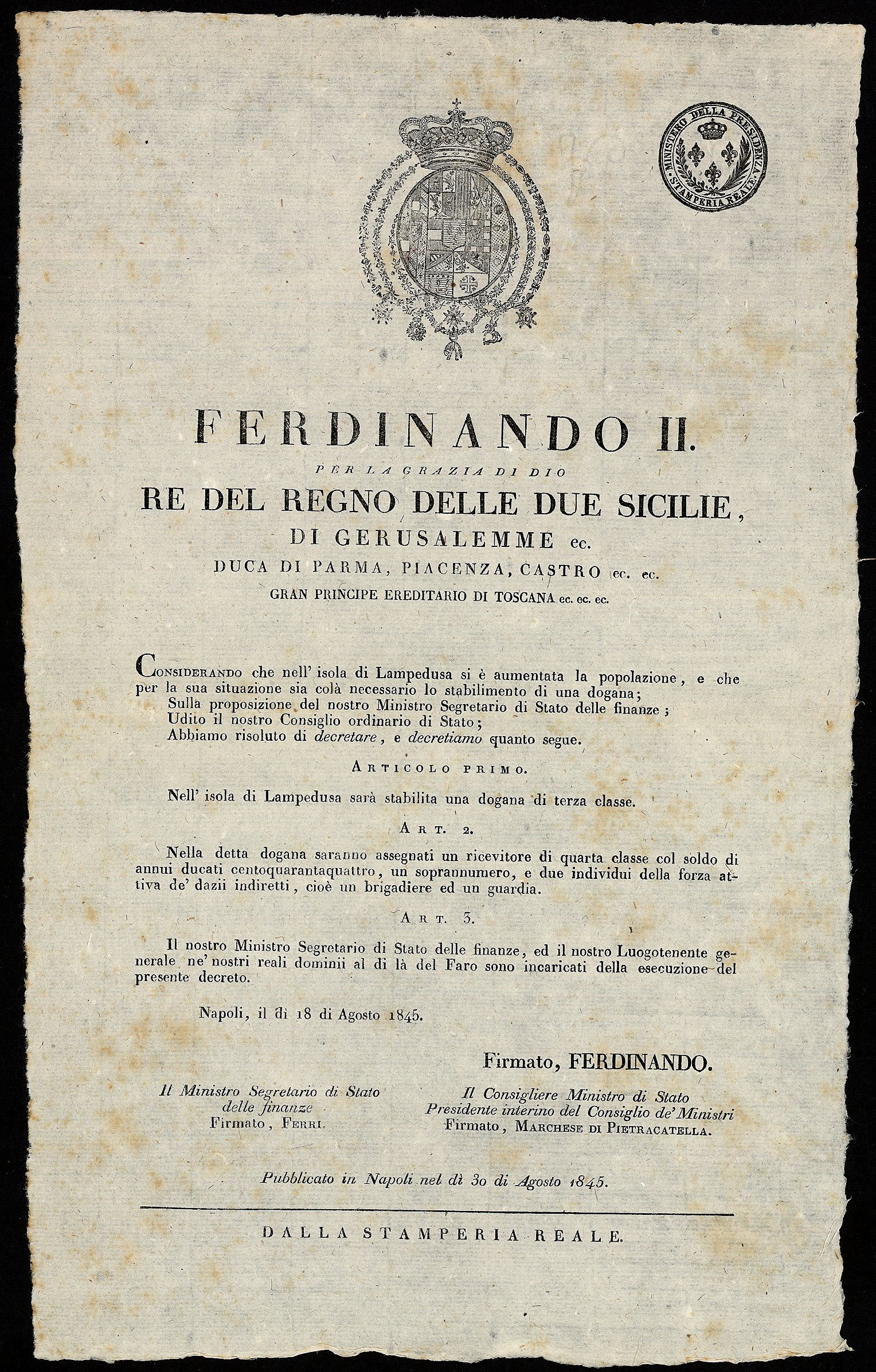[1845.08.30] Decreto di Ferdinando II per l’istituzione di una Dogana nell’isola di Lampedusa