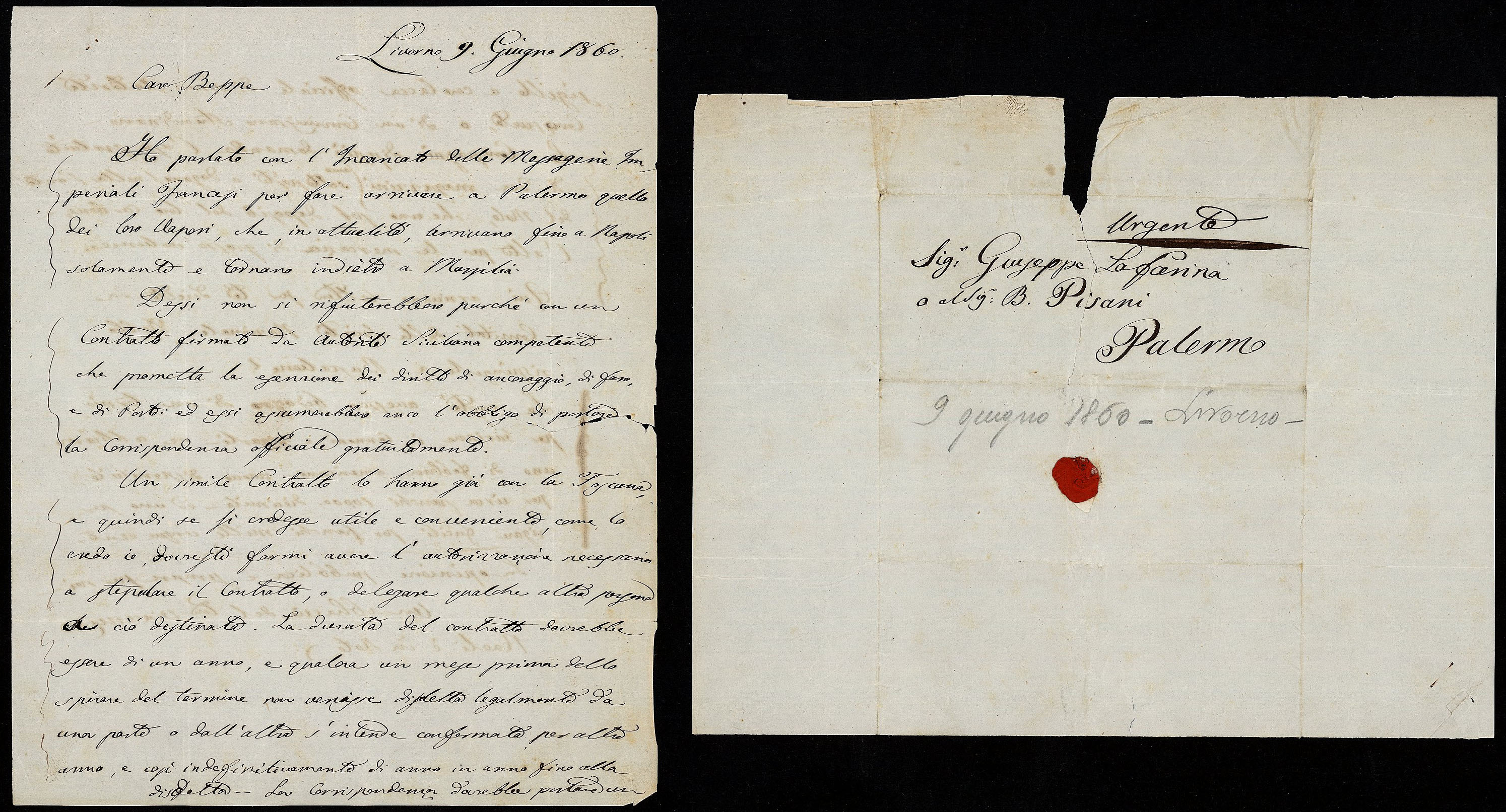 Lettera di Giuseppe La Farina al barone Casimiro Pisani relativa al battello a vapore delle Messagerie francesi da destinare a Palermo