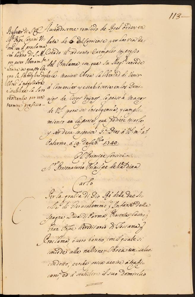 [1740.02.20] Ratifica del decreto di Carlo II per il reinsediamento della Nazione ebraica nei domini regi