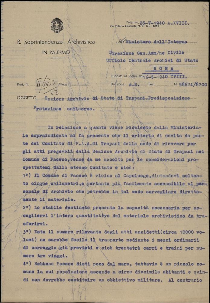 Sezione Archivio di Stato di Trapani. Predisposizione protezione antiaerea