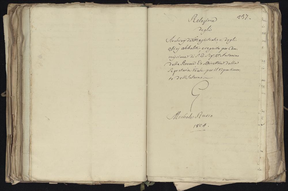 Relazione degli Archivi dei Magistrati e degli Offici abboliti, eseguita per commissione di S.E. sig. D. Antonino Della Rovere ex direttore della Segreteria Reale per il Ripartimento dell'Interno