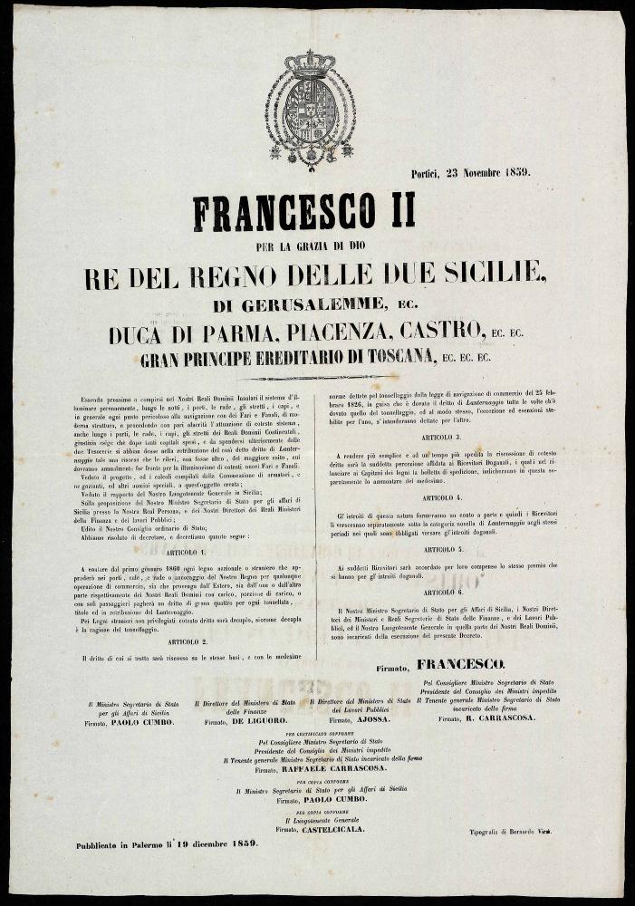 [1859.11.30] Decreto di Francesco II sulle tariffe di attracco nei porti per navi nazionali ed estere