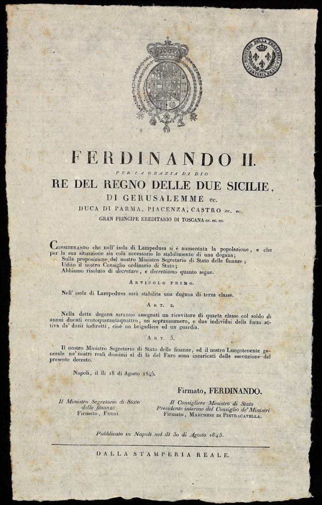 [1845.08.30] Decreto di Ferdinando II per l’istituzione di una Dogana nell’isola di Lampedusa