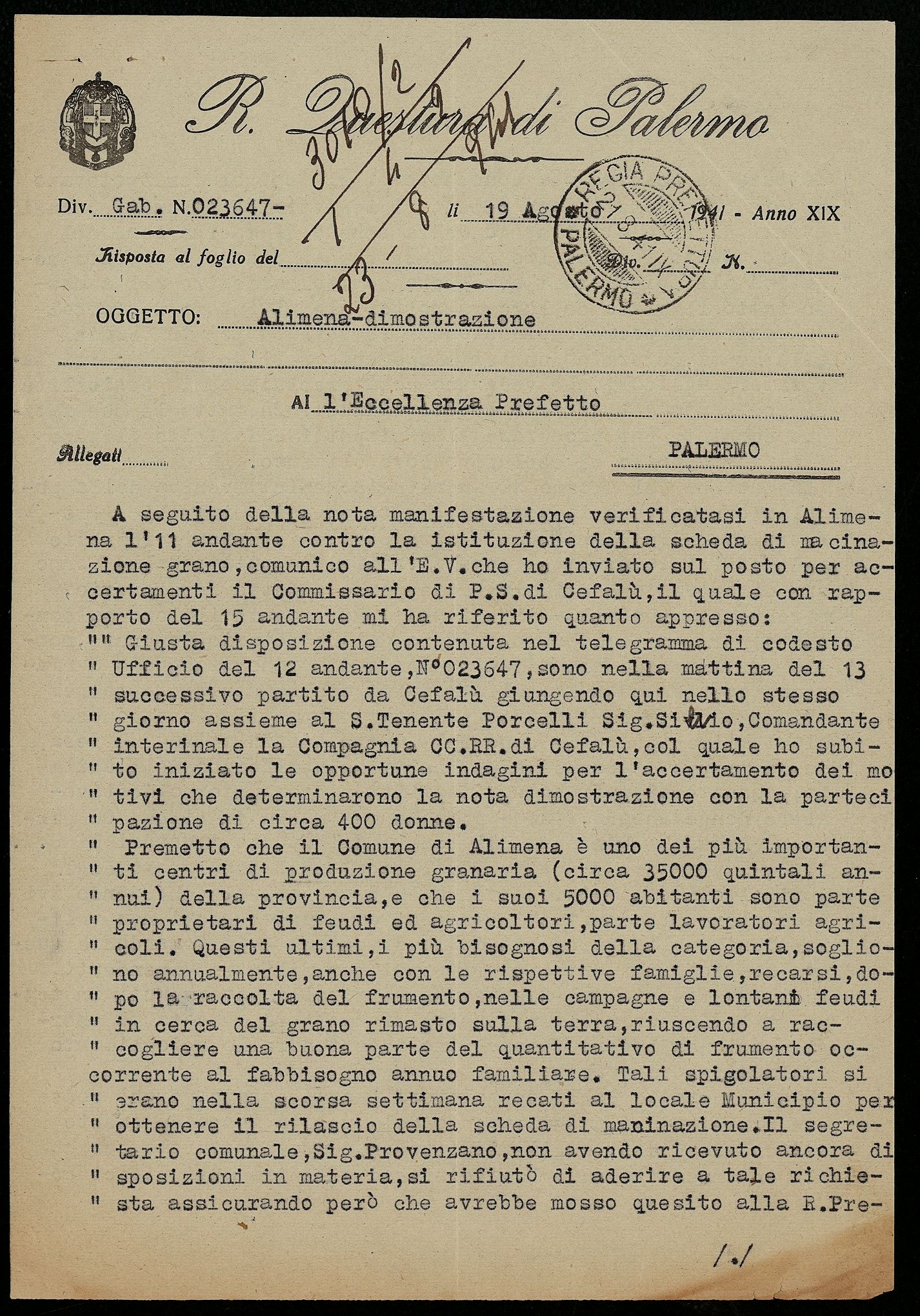 Relazione del Questore di Palermo al Prefetto di Palermo relativa alla manifestazione di circa 400 donne ad Alimena che protestavano contro le esigue assegnazioni di grano