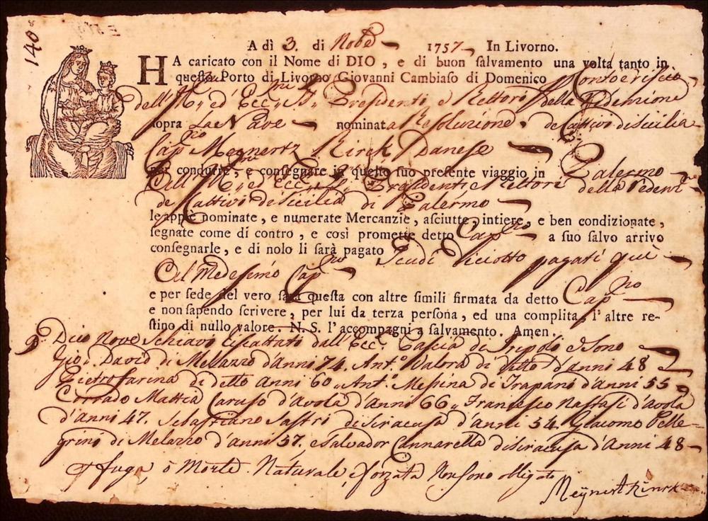 Lettere di carico di merci e schiavi per conto della Redenzione dei Cattivi