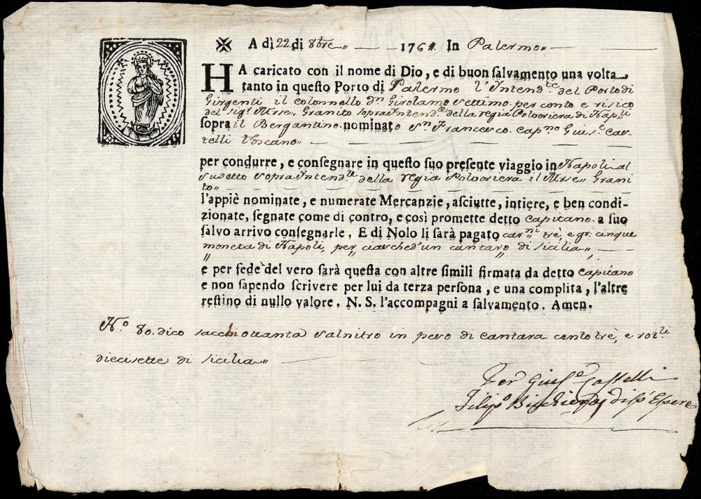 Fogli di carico di ottanta sacchi di salnitro caricati nel porto di Palermo