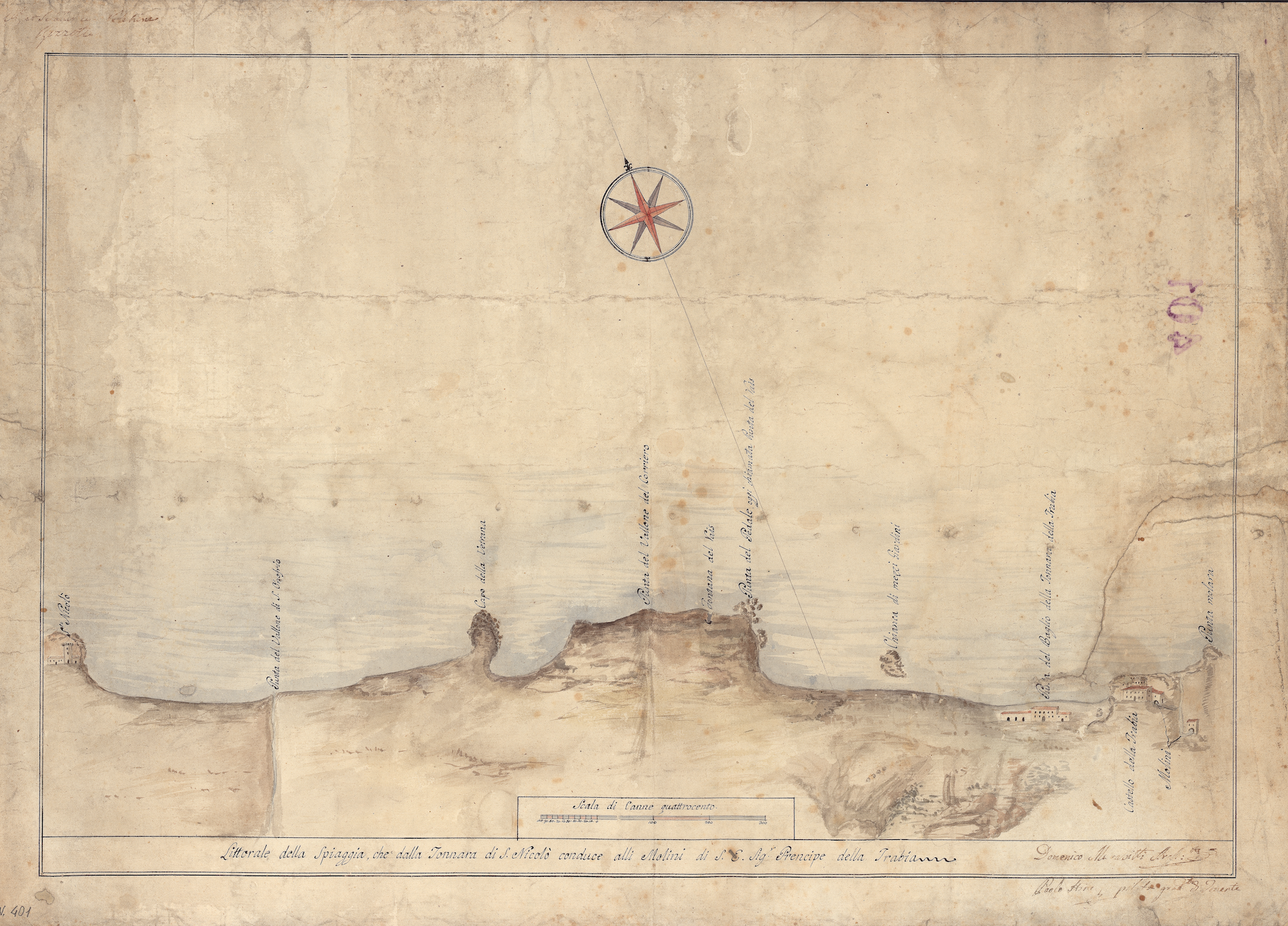 [401] Carta del littorale della spiaggia che dalla tonnara di S. Nicolò conduce alli molini del principe di Trabia