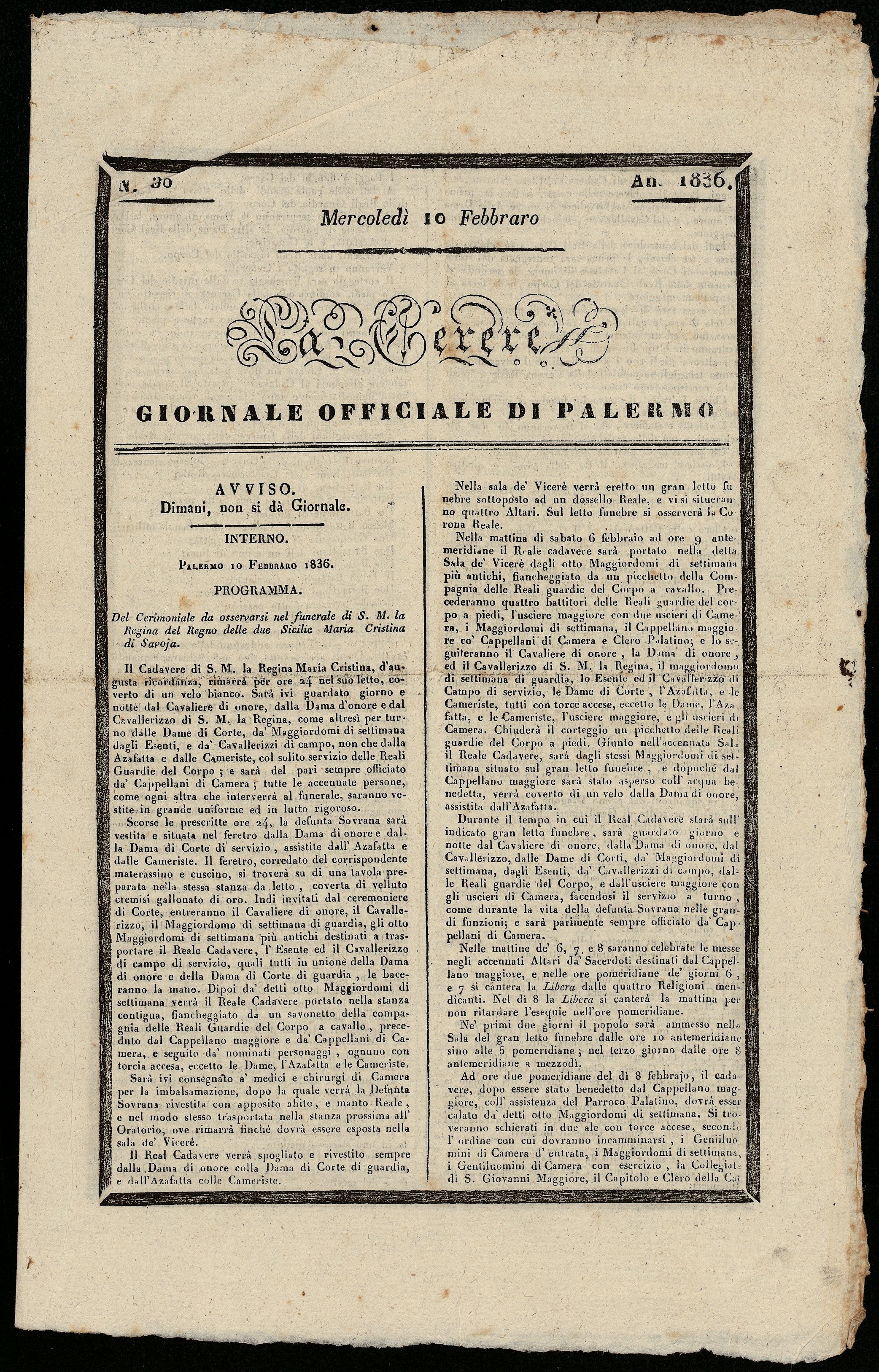La Cerere. Giornale officiale di Palermo, n. 30 (10 febbraio 1836)