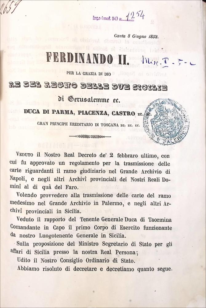 [1852.06.08] Regio decreto per il Grande Archivio di Palermo
