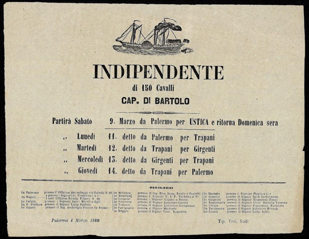 Giorni di partenza del battello a vapore “Indipendente” in servizio da Palermo per Ustica
