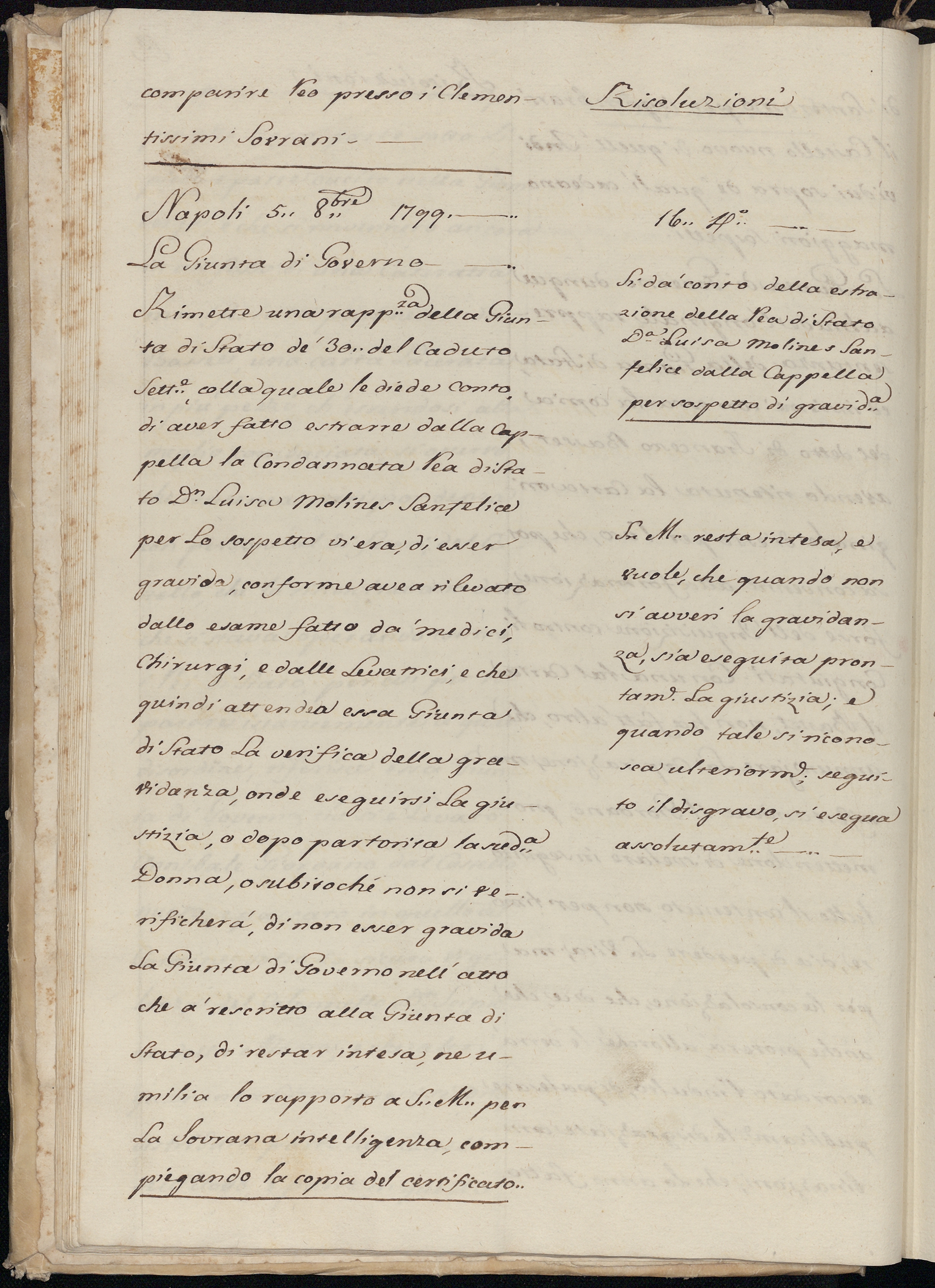 Risoluzione del 16 ottobre 1799 con cui re Ferdinando V ordina l'esecuzione della condanna a morte di Luisa Sanfelice