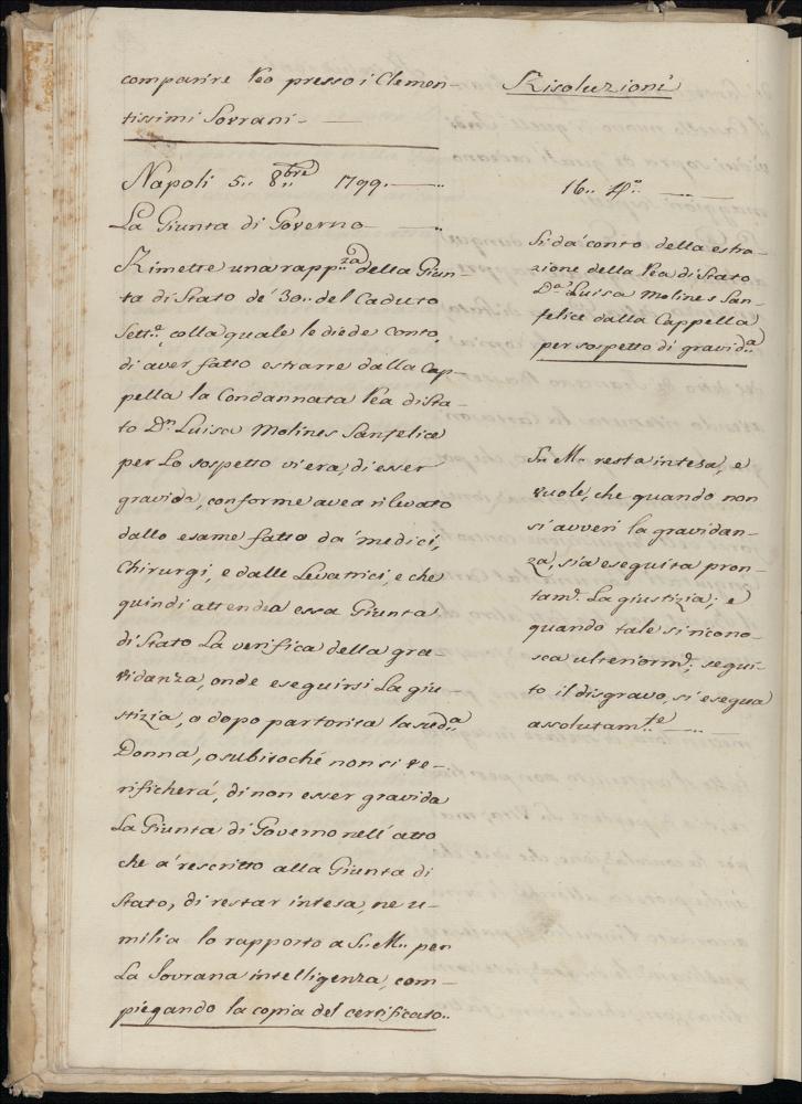 [1799.10.05] Risoluzione del 16 ottobre 1799 con cui re Ferdinando V ordina l'esecuzione della condanna a morte di Luisa Sanfelice