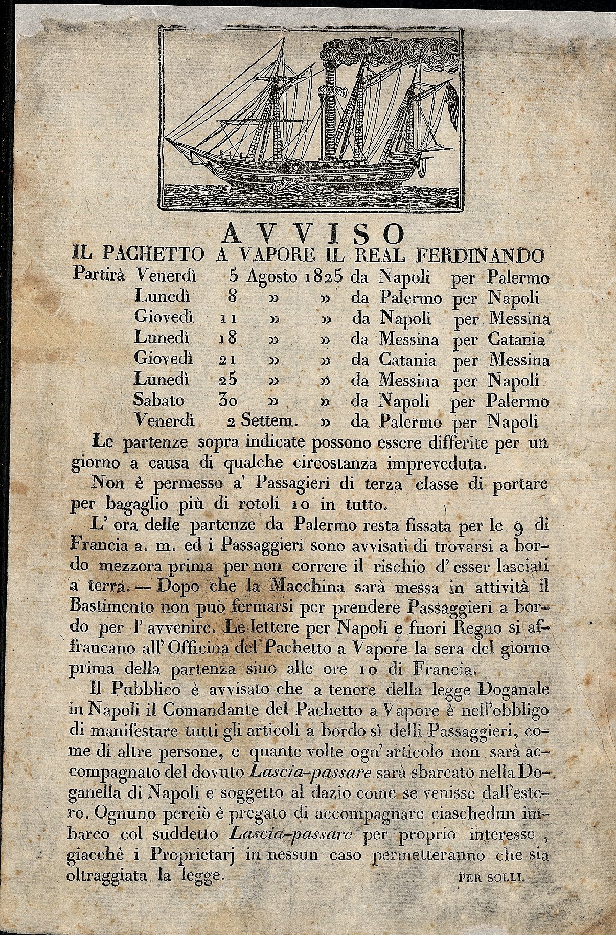 Itinerari di partenza del pacchetto a vapore “Il Real Ferdinando” in servizio da Palermo Napoli