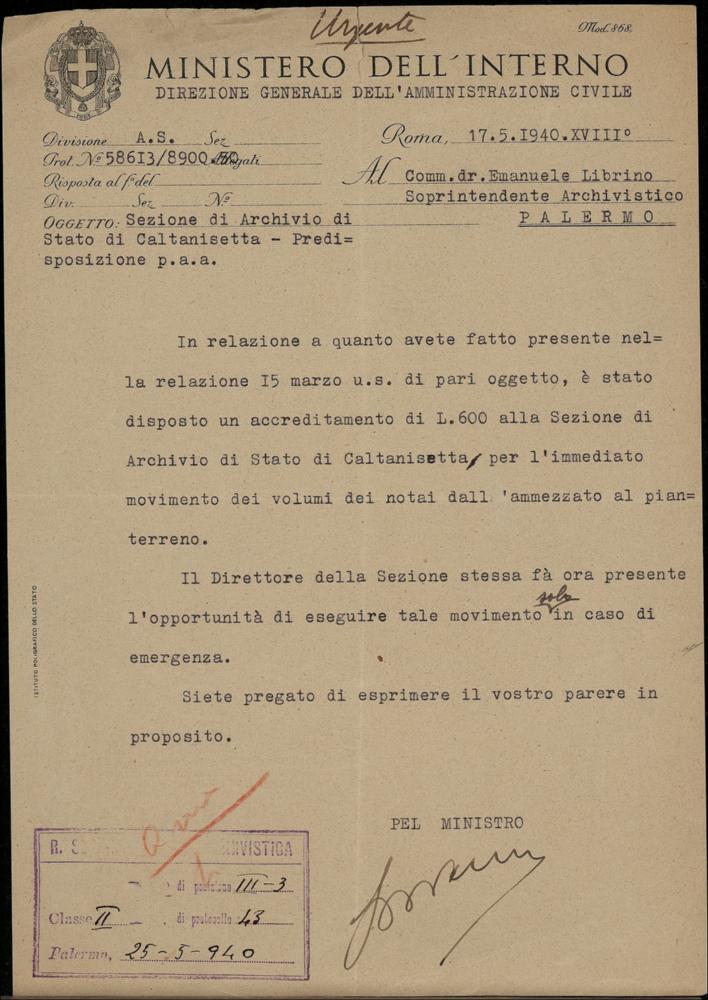 Sezione di Archivio di Stato di Caltanissetta – Predisposizione protezione antiaerea