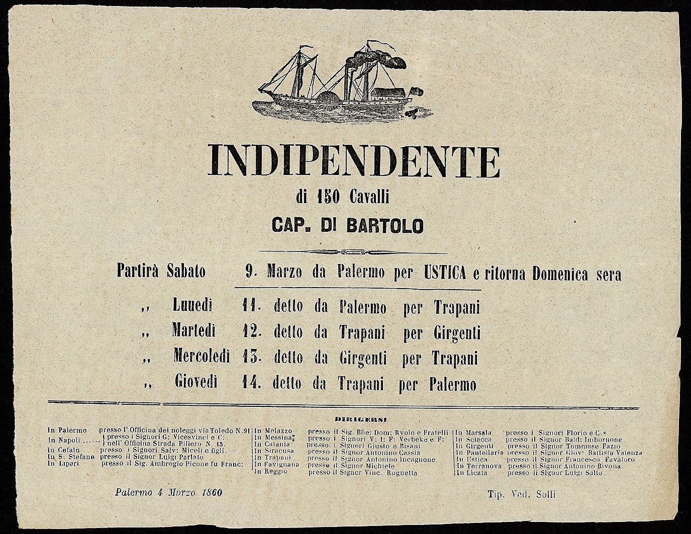 Giorni di partenza del battello a vapore “Indipendente” in servizio da Palermo per Ustica