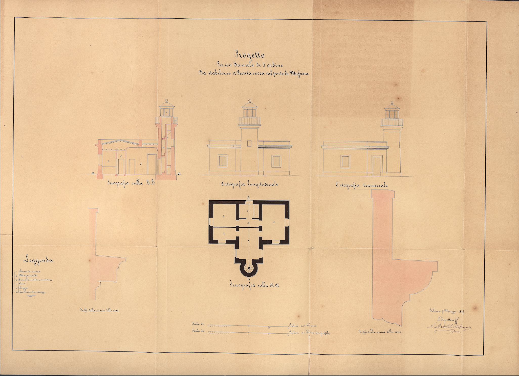 Progetto per un fanale di 5° ordine da stabilirsi nel porto di Messina, con tariffa, estimativo, memoria e disegni