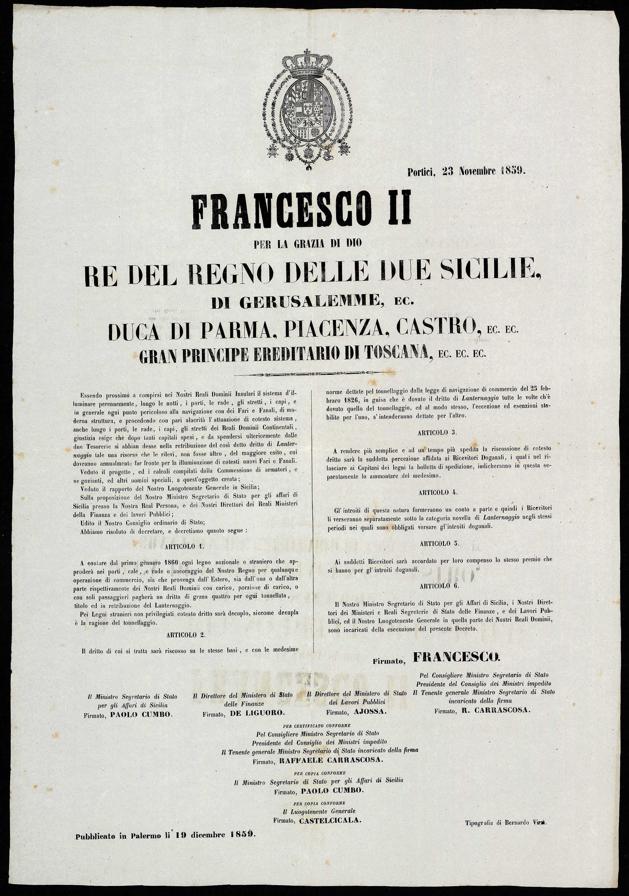 [1859.11.30] Decreto di Francesco II sulle tariffe di attracco nei porti per navi nazionali ed estere