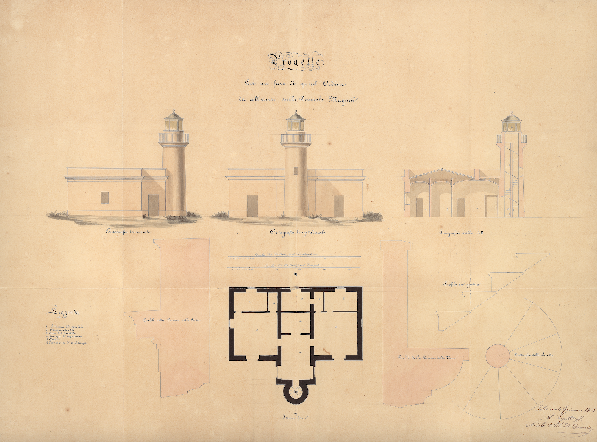 Progetto per un faro di 5° ordine da stabilirsi nella penisola di Magnisi (SR), con memoria, estimativo, tariffa e disegni